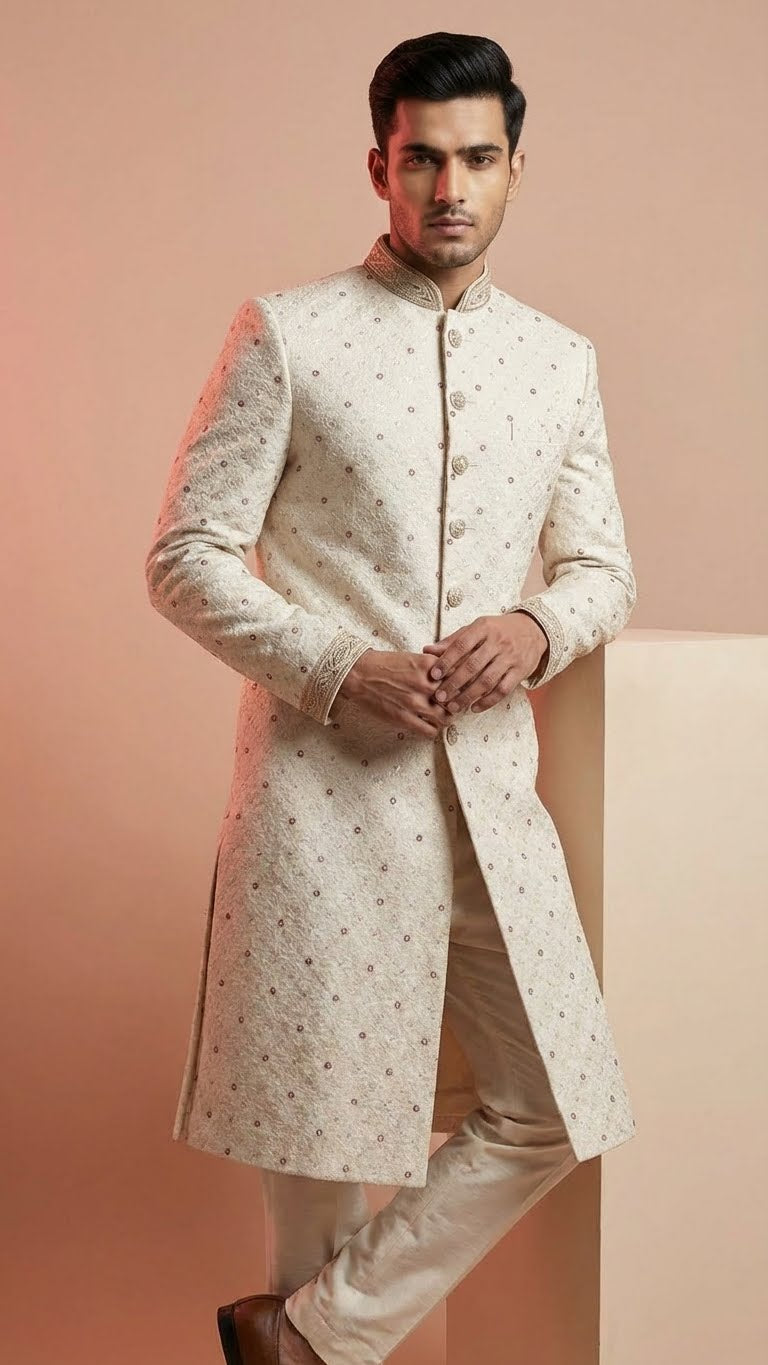 Off-White Self-Embroidered Luxury Sherwani