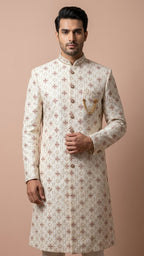 Off-White Embroidered Silk Sherwani with Geometric Motif