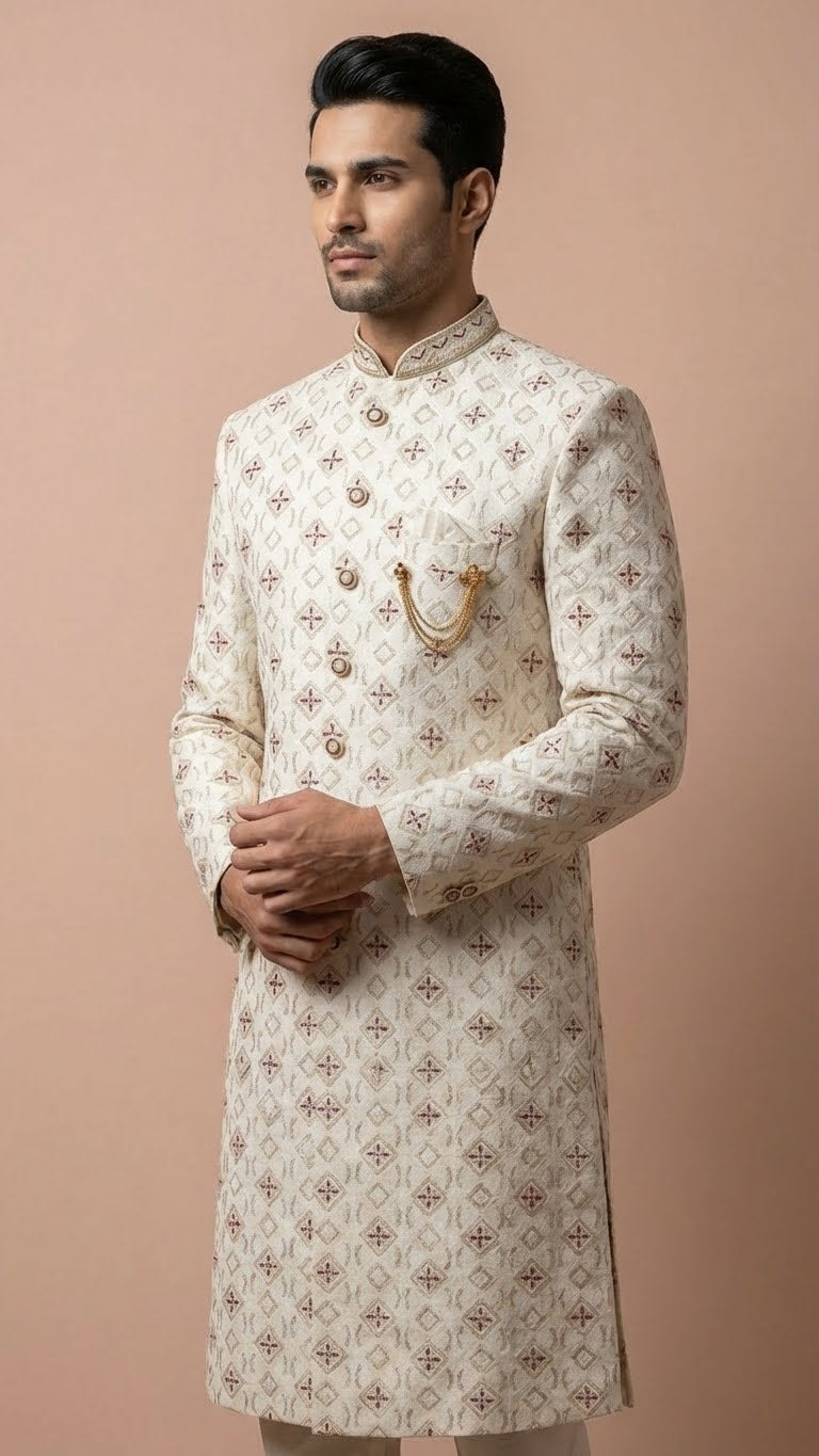 Off-White Embroidered Silk Sherwani with Geometric Motif
