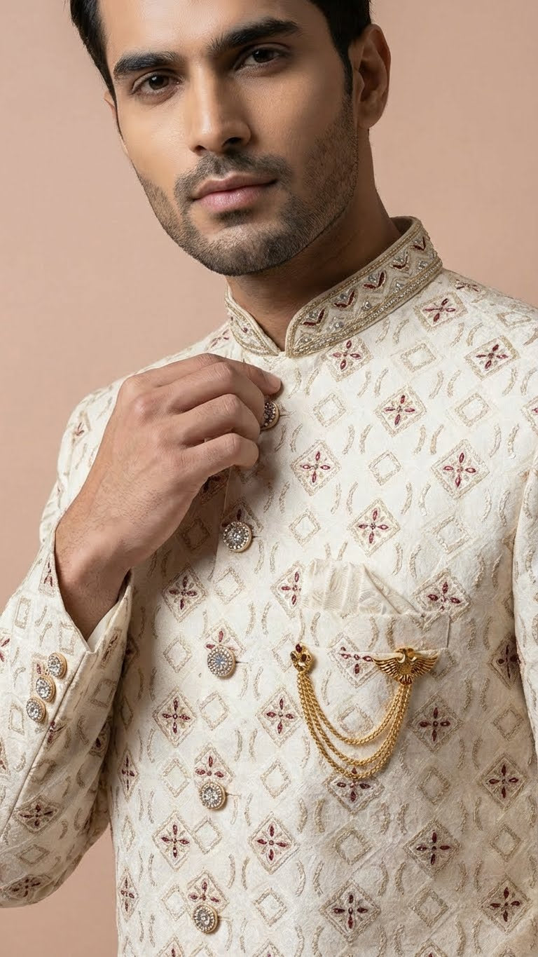 Off-White Embroidered Silk Sherwani with Geometric Motif