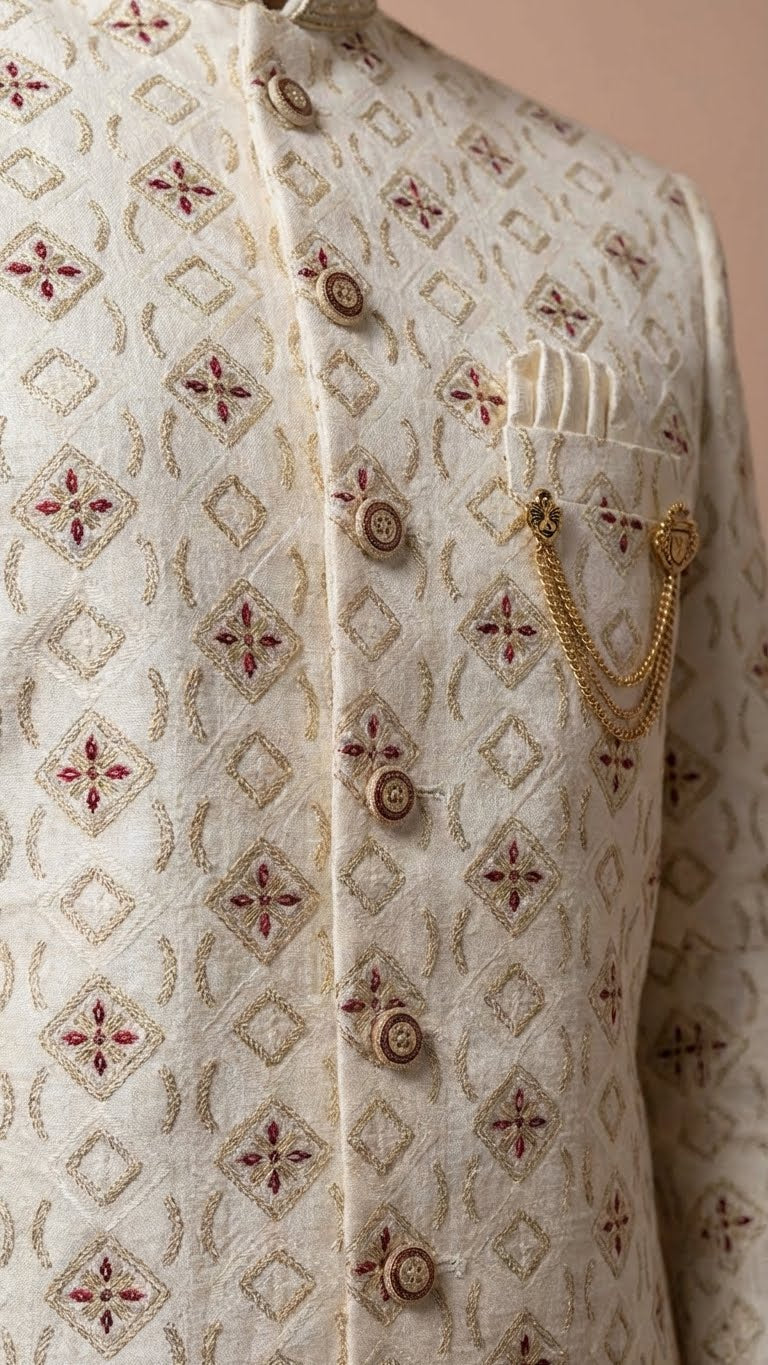 Off-White Embroidered Silk Sherwani with Geometric Motif