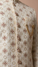 Off-White Embroidered Silk Sherwani with Geometric Motif