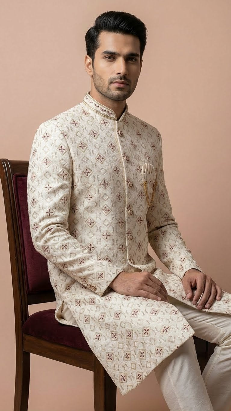 Off-White Embroidered Silk Sherwani with Geometric Motif