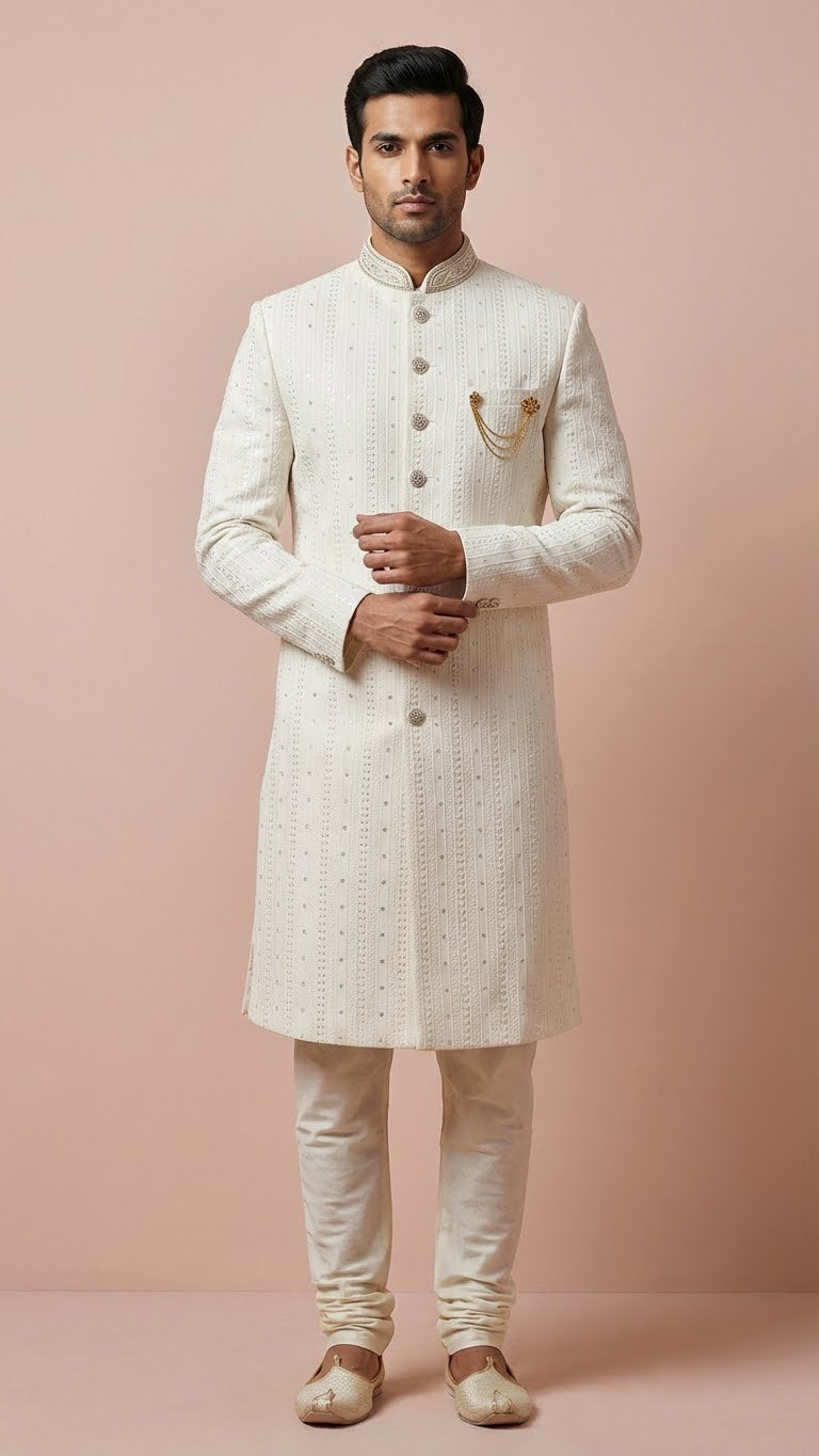 Off-White Embroidered Indowestern Sherwani with Brooch Detail