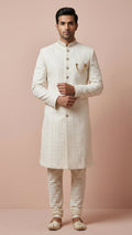 Off-White Embroidered Indowestern Sherwani with Brooch Detail