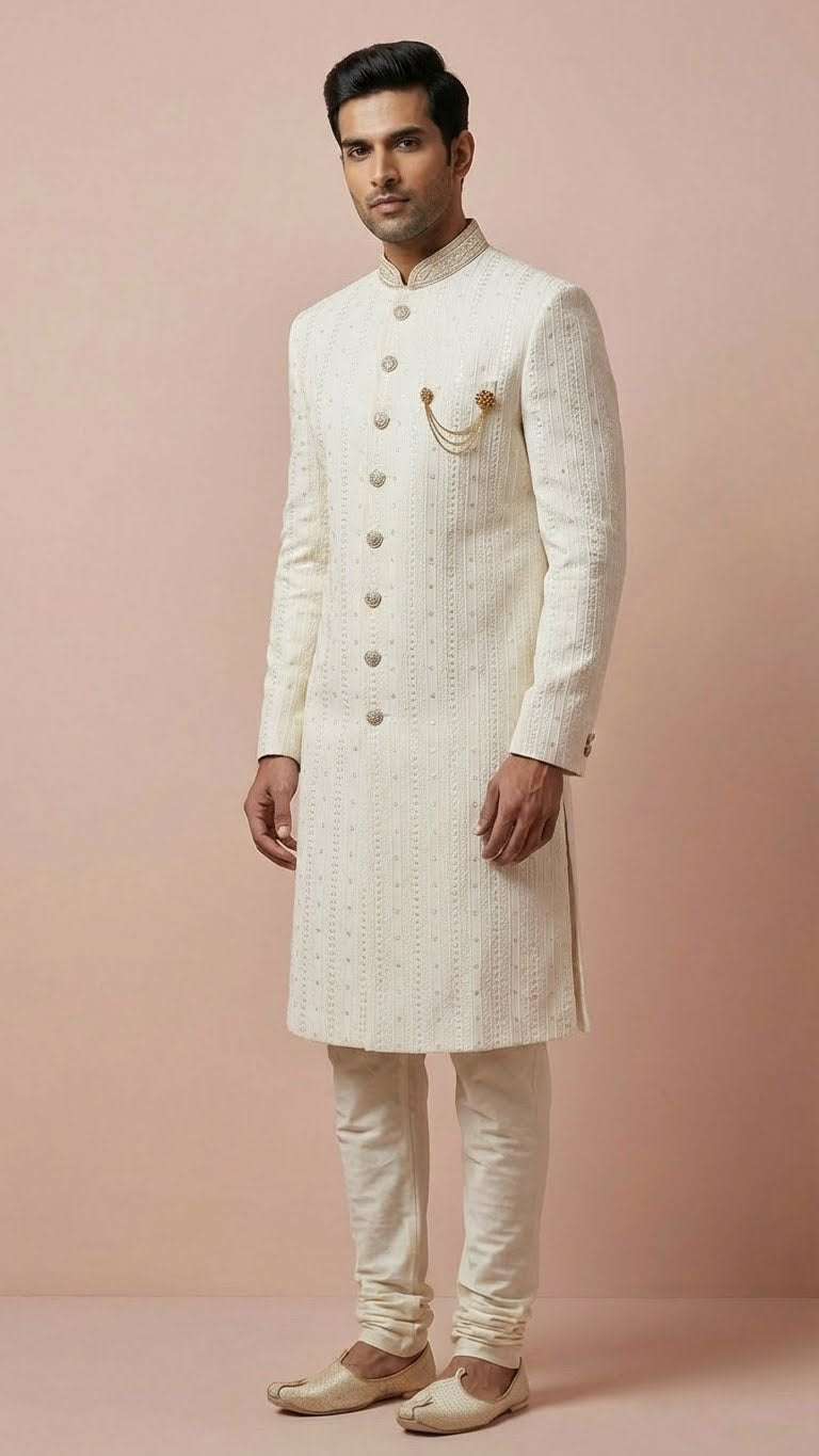 Off-White Embroidered Indowestern Sherwani with Brooch Detail