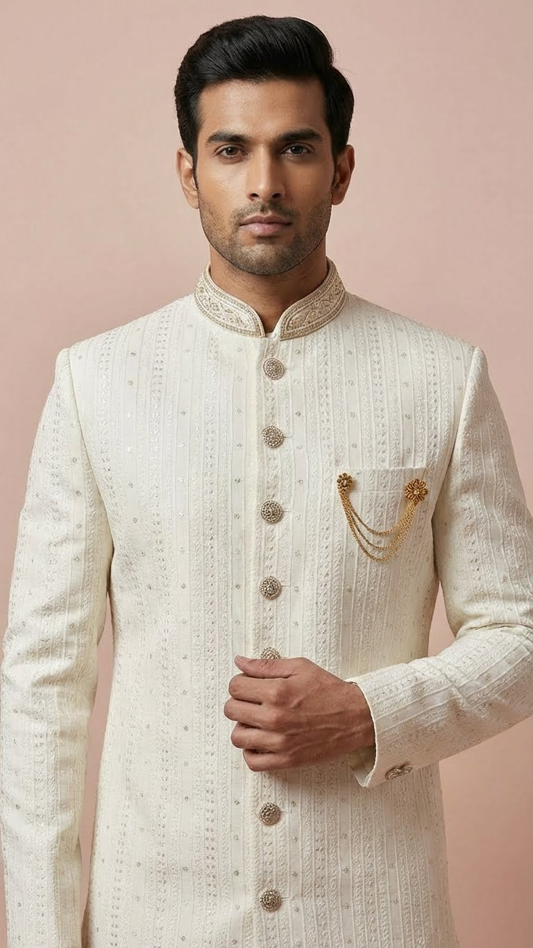 Off-White Embroidered Indowestern Sherwani with Brooch Detail