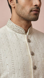 Off-White Embroidered Indowestern Sherwani with Brooch Detail