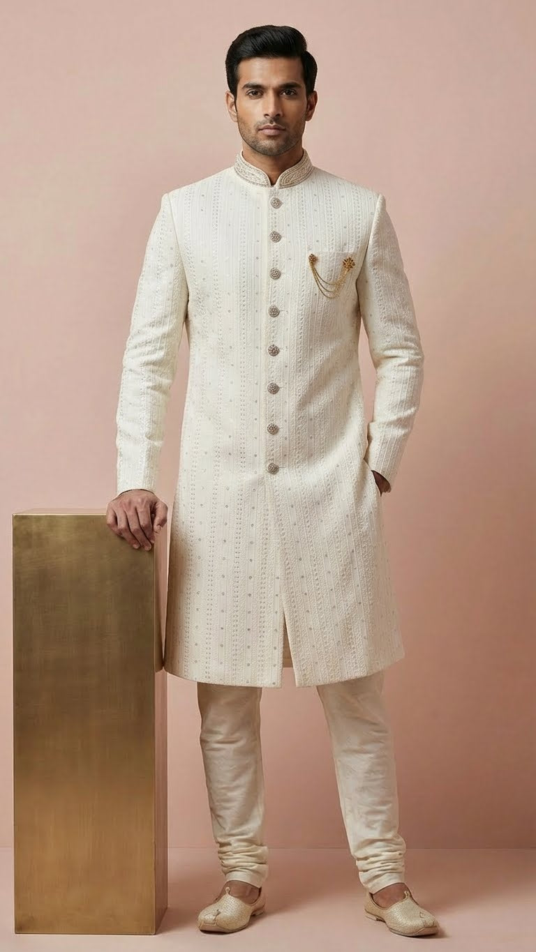 Off-White Embroidered Indowestern Sherwani with Brooch Detail