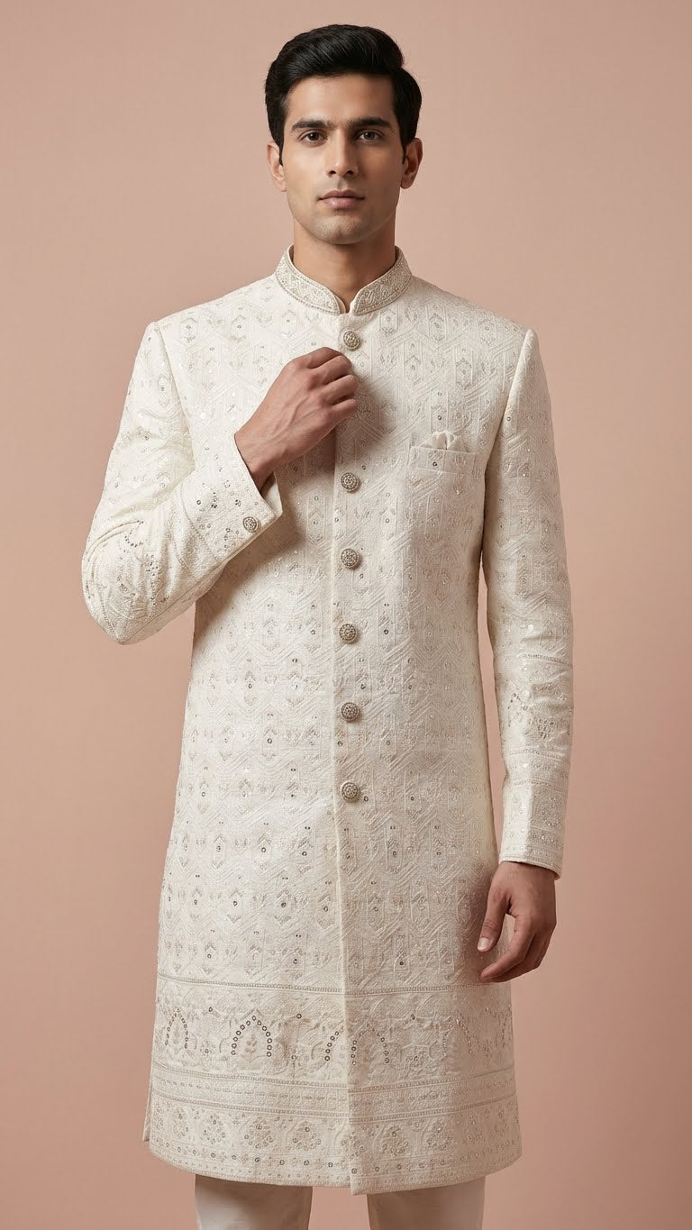 Cream White Embroidered Lucknowi Sherwani