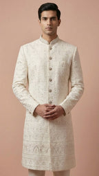 Cream White Embroidered Lucknowi Sherwani
