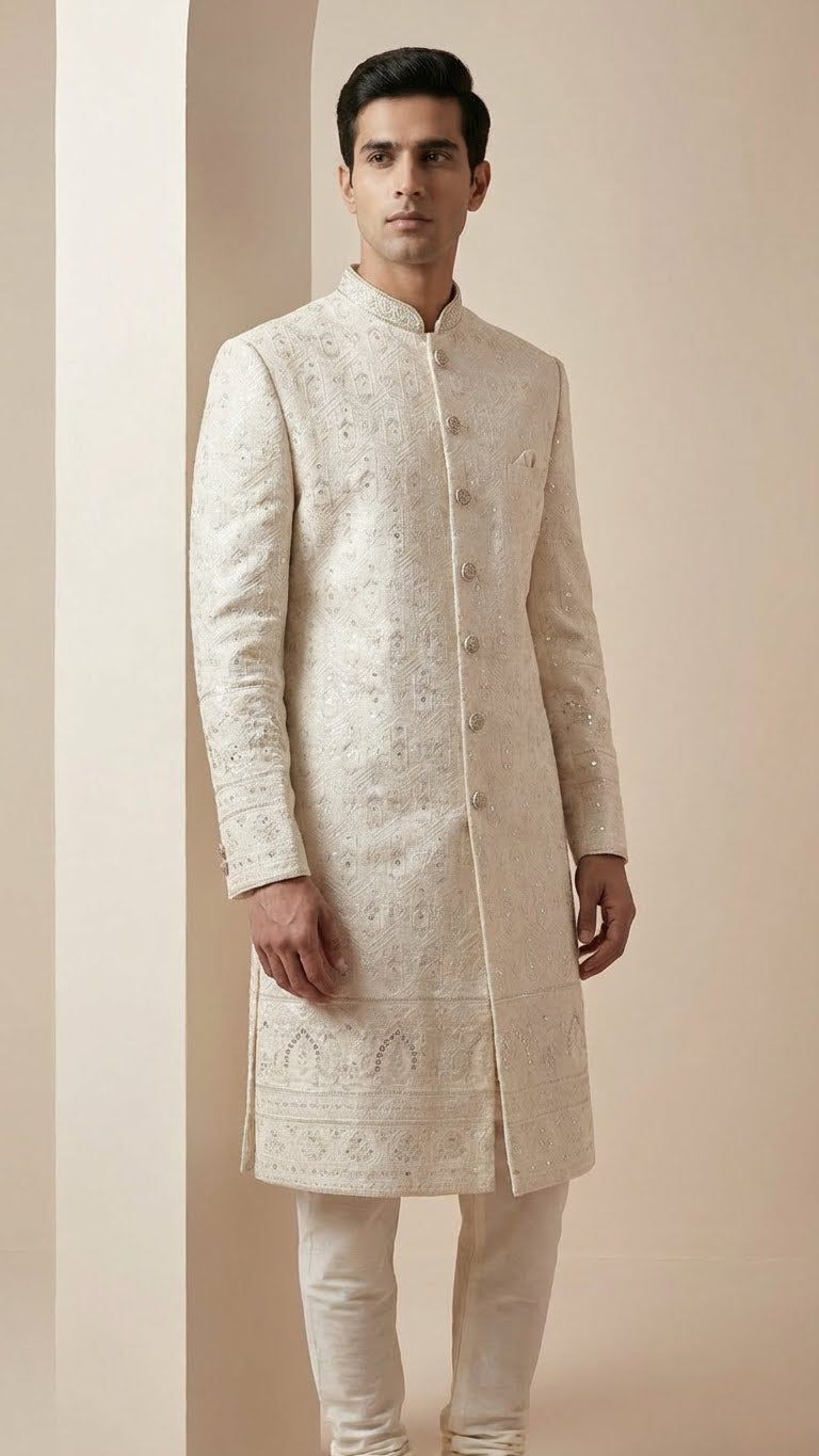 Cream White Embroidered Lucknowi Sherwani