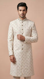 Off-White Embroidered Men’s Sherwani with Zardosi Mandarin Collar