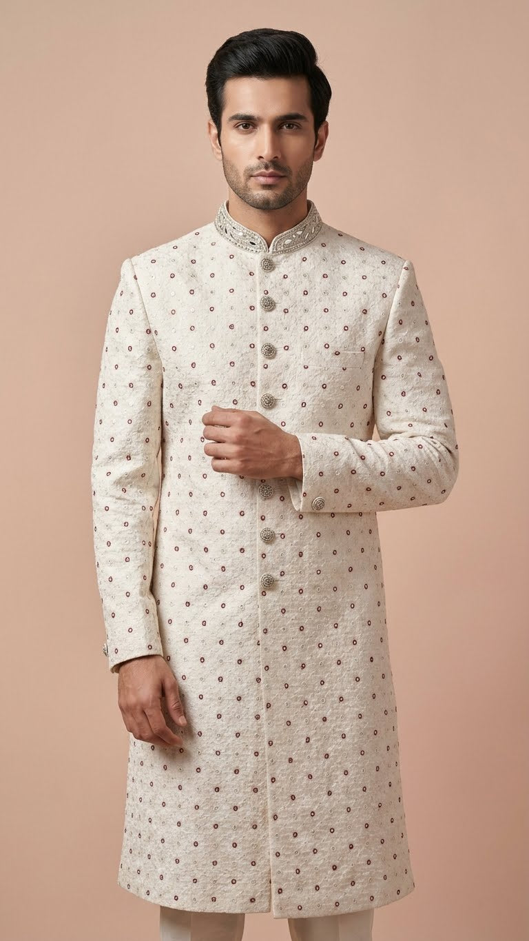 Off-White Embroidered Men’s Sherwani with Zardosi Mandarin Collar