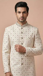 Off-White Embroidered Men’s Sherwani with Zardosi Mandarin Collar