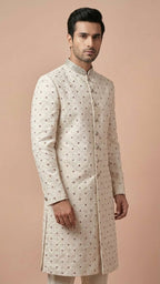 Off-White Embroidered Men’s Sherwani with Zardosi Mandarin Collar
