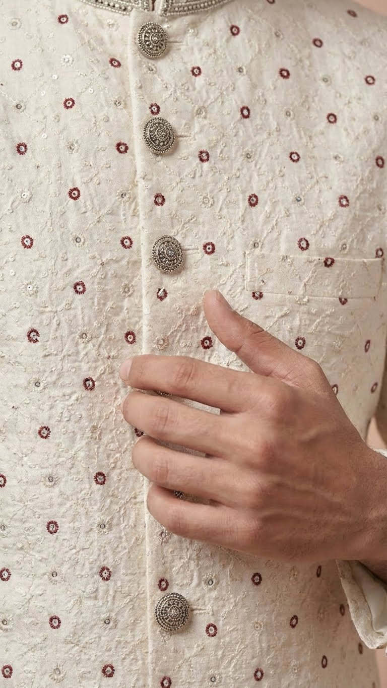 Off-White Embroidered Men’s Sherwani with Zardosi Mandarin Collar
