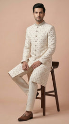 Off-White Embroidered Men’s Sherwani with Zardosi Mandarin Collar