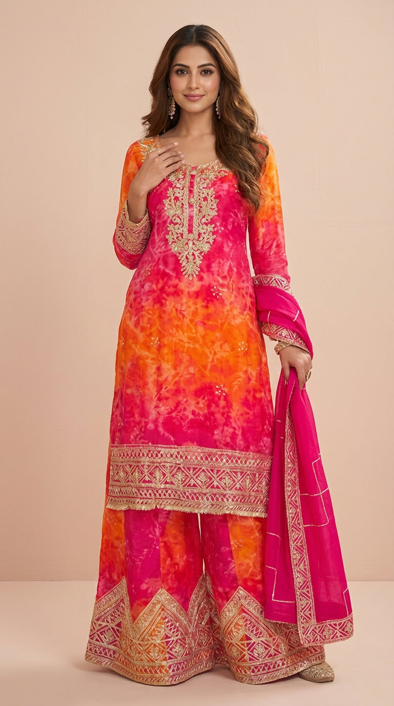 Sunset Pink & Orange Chinon Silk Readymade Palazzo Suit