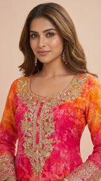Sunset Pink & Orange Chinon Silk Readymade Palazzo Suit