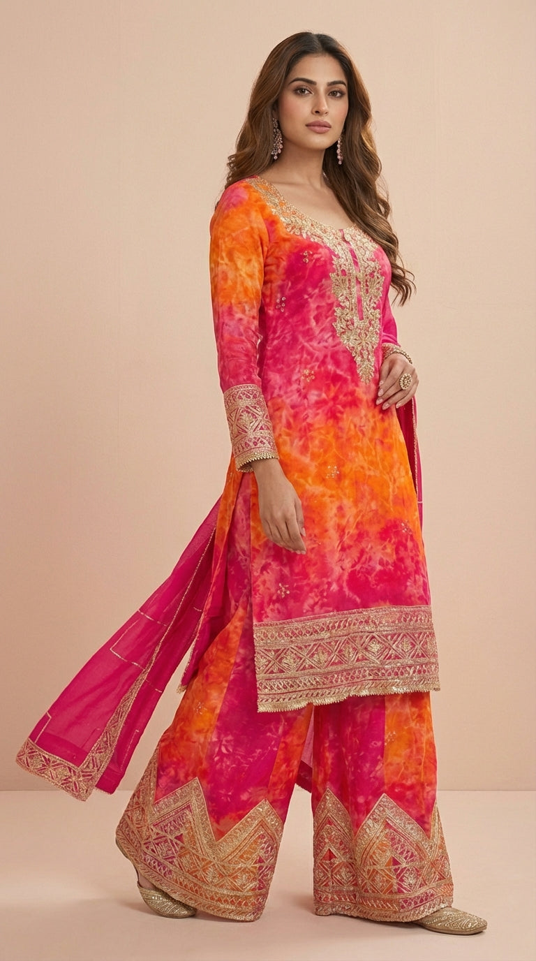 Sunset Pink & Orange Chinon Silk Readymade Palazzo Suit