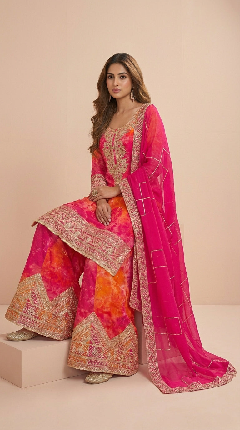 Sunset Pink & Orange Chinon Silk Readymade Palazzo Suit