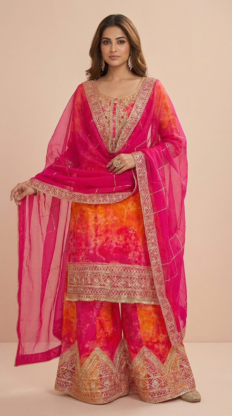Sunset Pink & Orange Chinon Silk Readymade Palazzo Suit