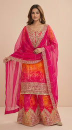 Sunset Pink & Orange Chinon Silk Readymade Palazzo Suit