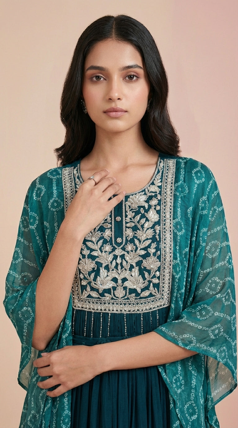 Deep Teal Chinon Silk Embroidered Cape Gown
