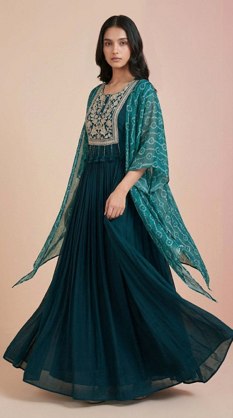 Deep Teal Chinon Silk Embroidered Cape Gown