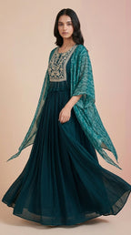 Deep Teal Chinon Silk Embroidered Cape Gown