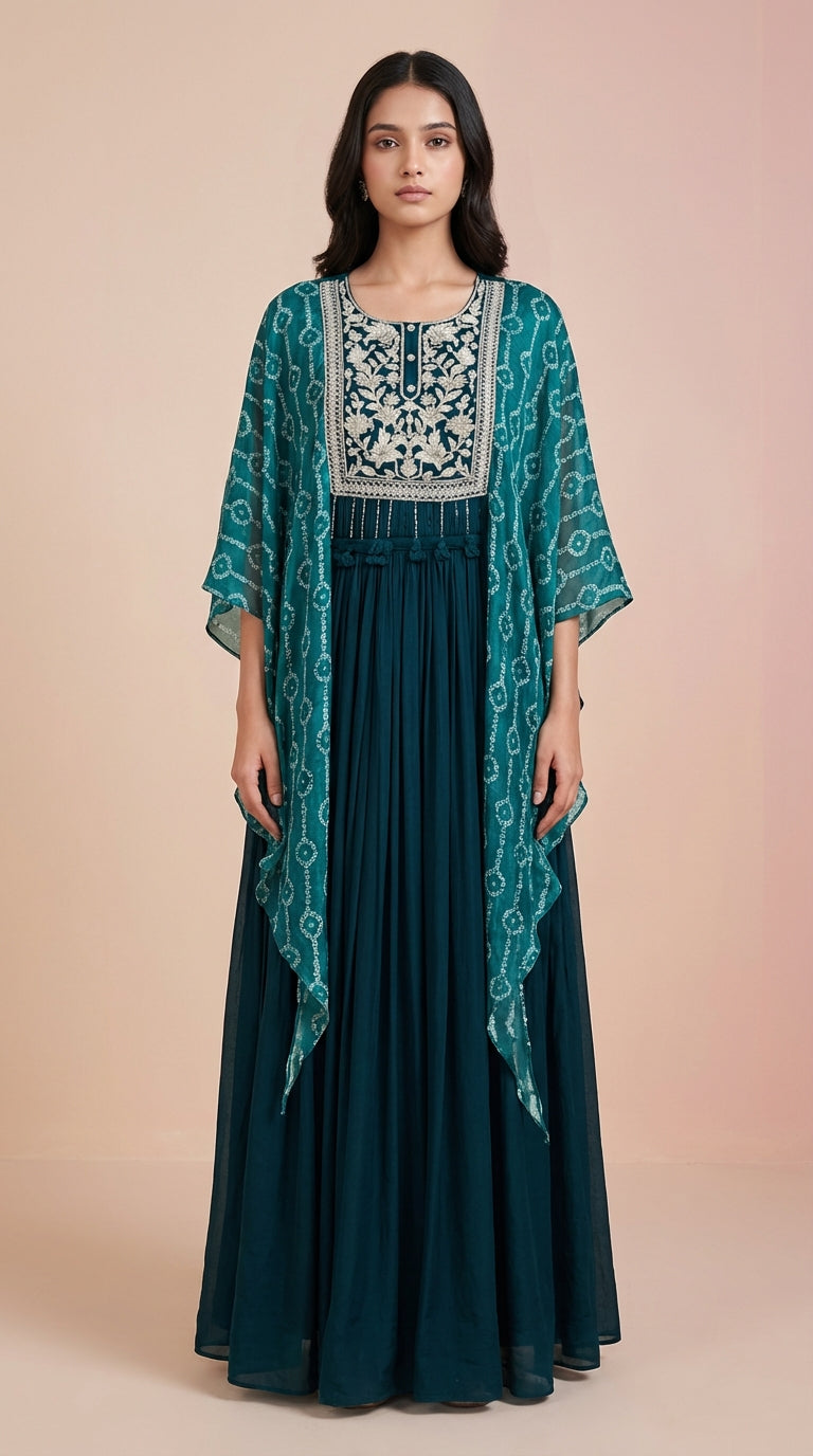 Deep Teal Chinon Silk Embroidered Cape Gown