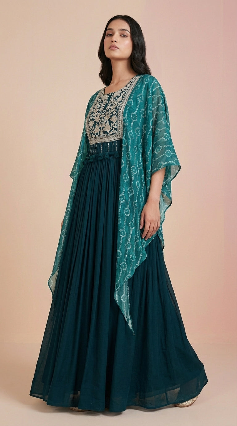 Deep Teal Chinon Silk Embroidered Cape Gown