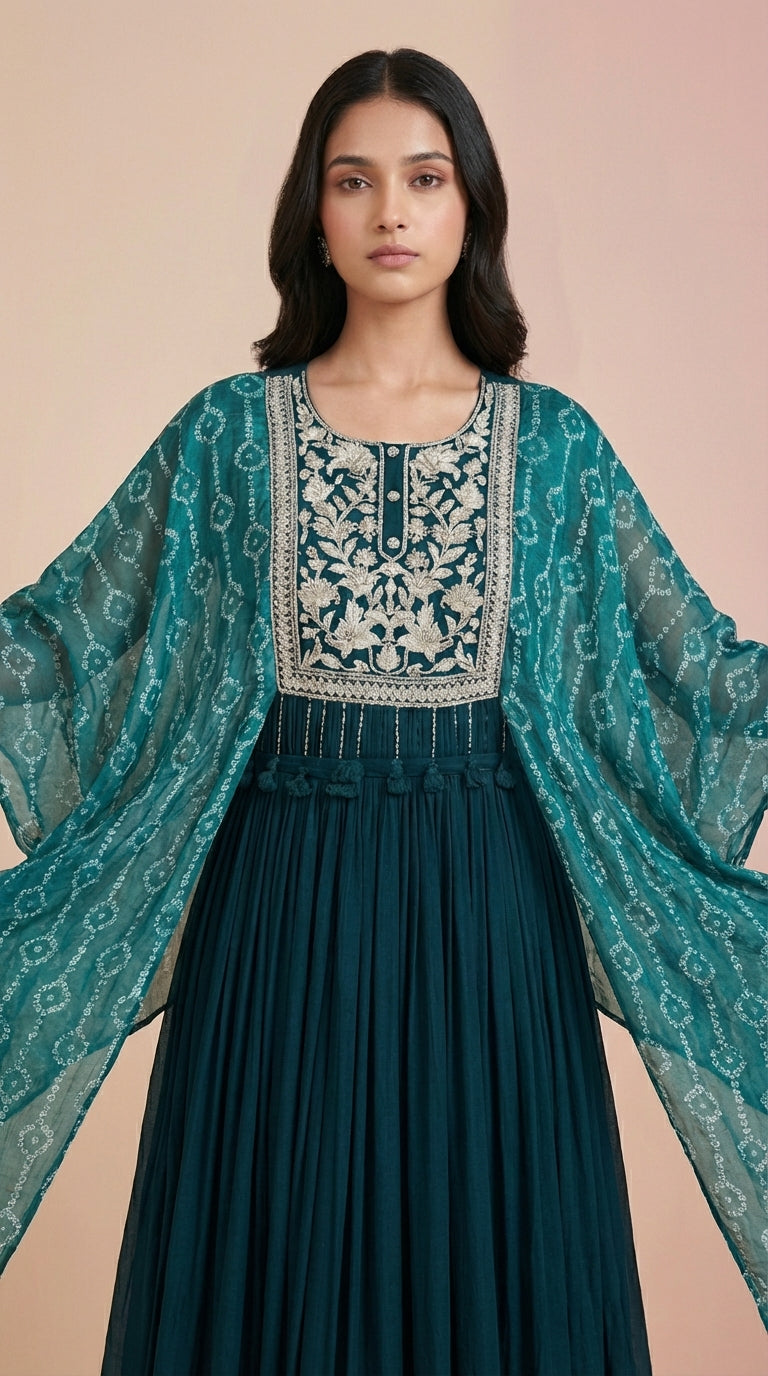 Deep Teal Chinon Silk Embroidered Cape Gown