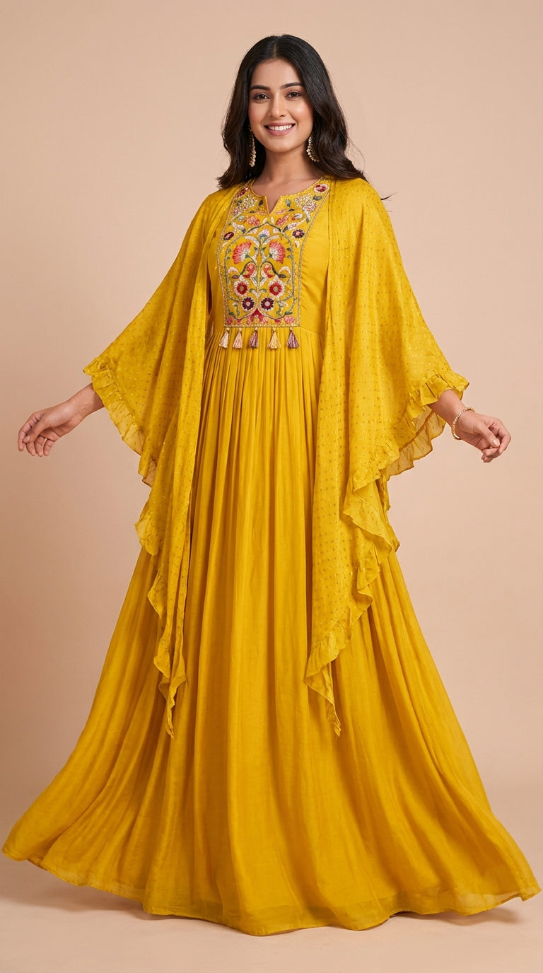 Mustard Yellow Chinon Silk Embroidered Cape Gown