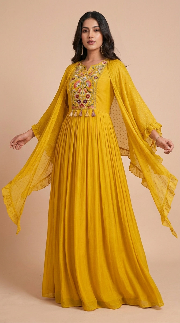 Mustard Yellow Chinon Silk Embroidered Cape Gown
