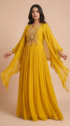 Mustard Yellow Chinon Silk Embroidered Cape Gown