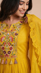Mustard Yellow Chinon Silk Embroidered Cape Gown