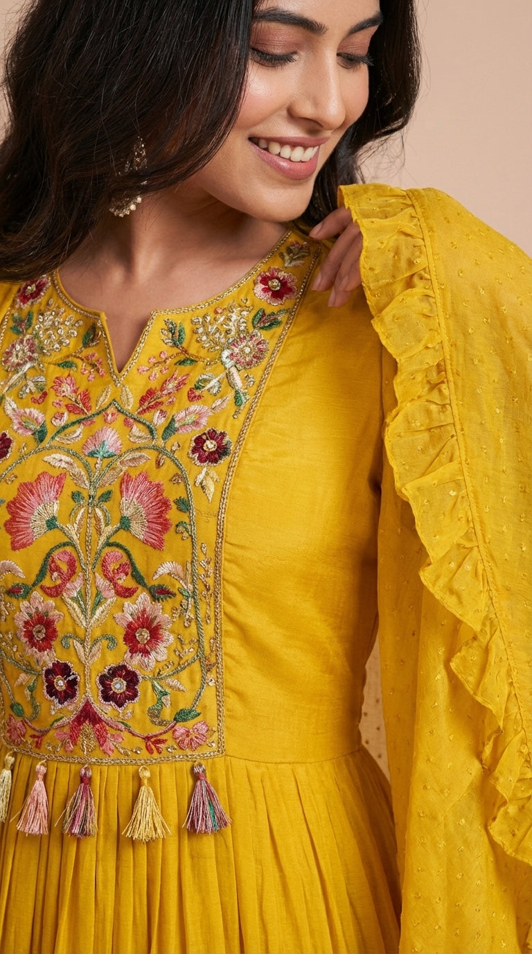 Mustard Yellow Chinon Silk Embroidered Cape Gown