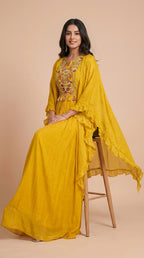 Mustard Yellow Chinon Silk Embroidered Cape Gown