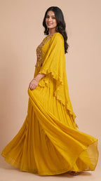 Mustard Yellow Chinon Silk Embroidered Cape Gown