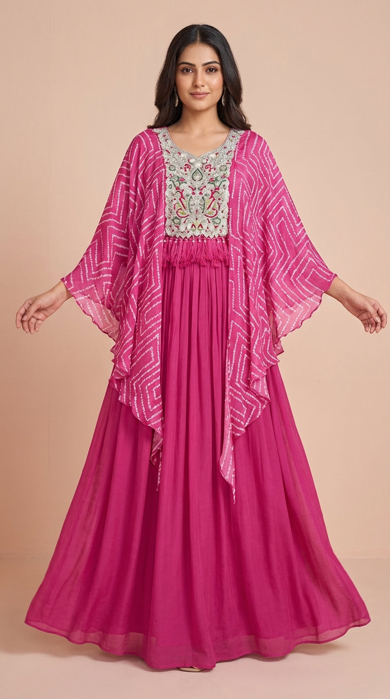 Radiant Pink Chinon Silk Embroidered Cape Gown