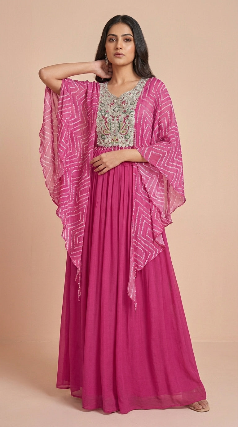 Radiant Pink Chinon Silk Embroidered Cape Gown