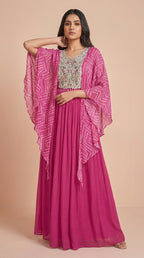 Radiant Pink Chinon Silk Embroidered Cape Gown