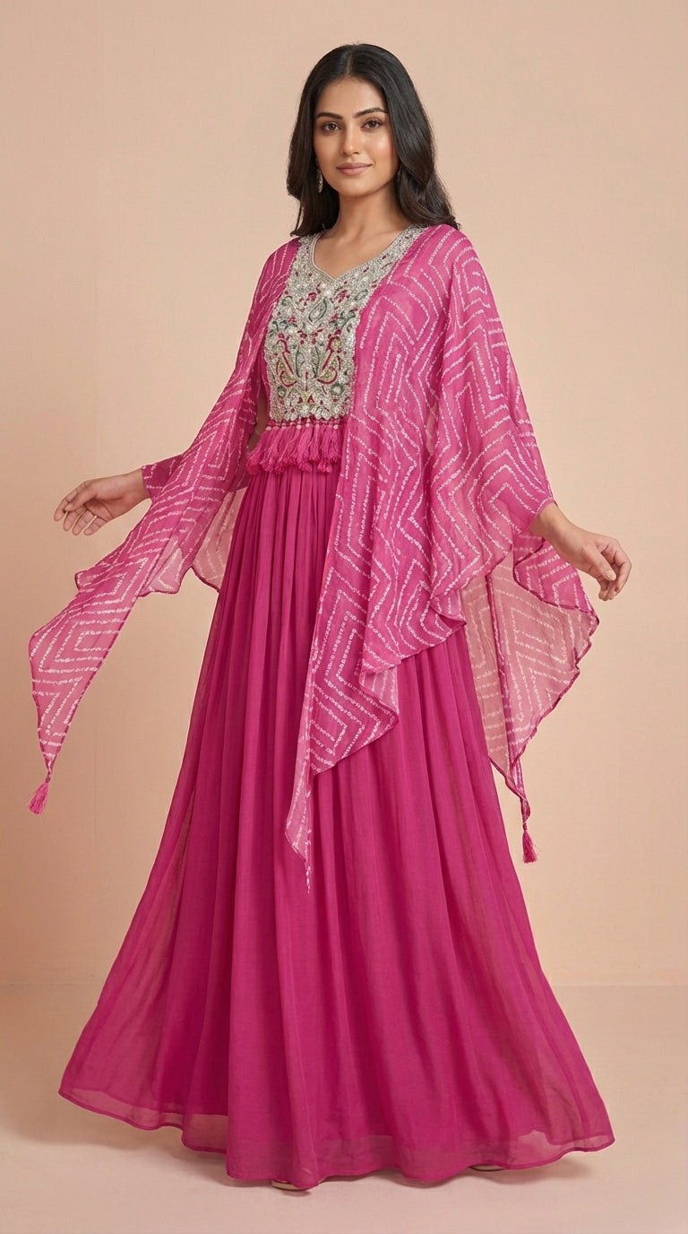 Radiant Pink Chinon Silk Embroidered Cape Gown