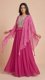 Radiant Pink Chinon Silk Embroidered Cape Gown