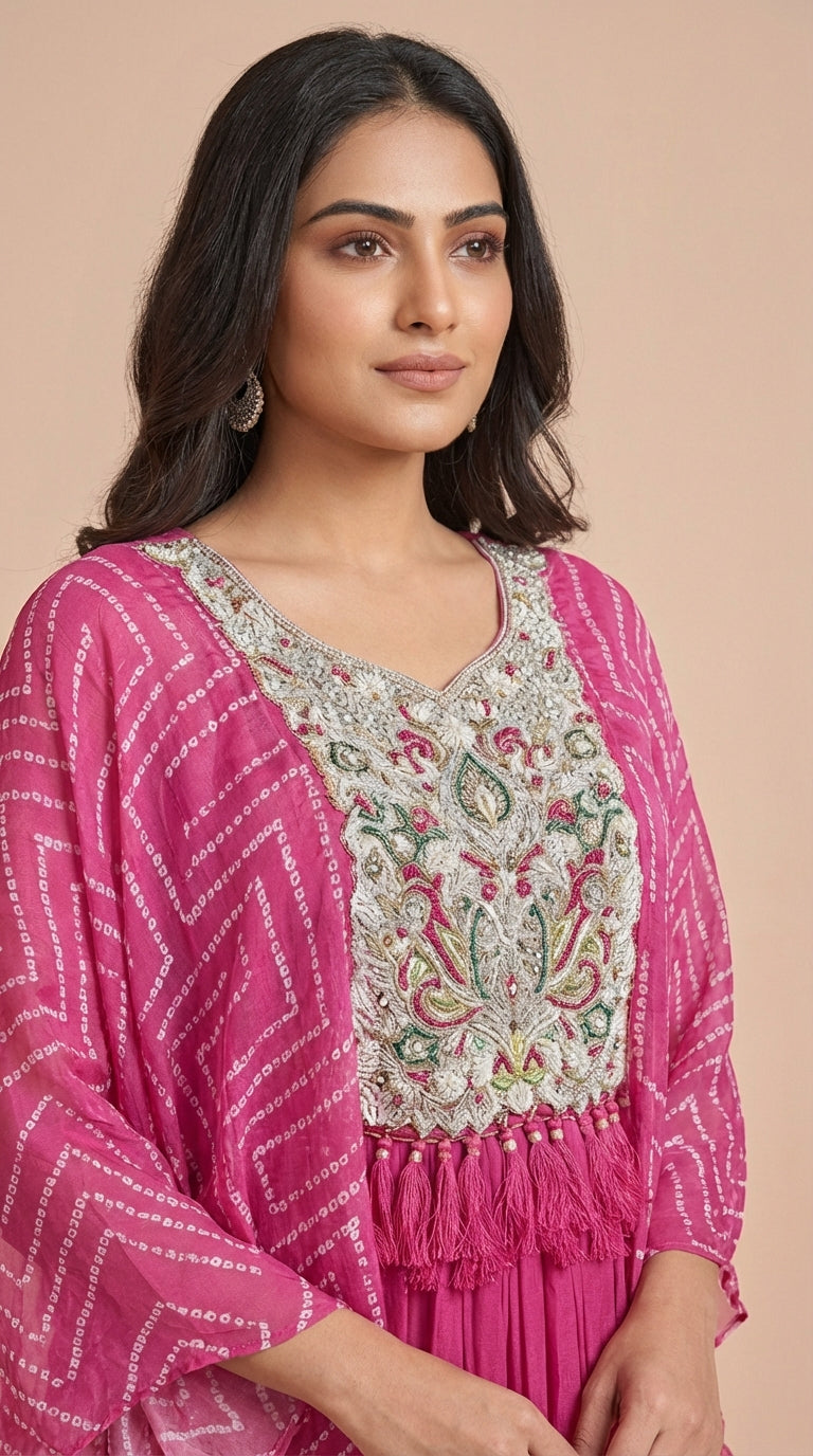 Radiant Pink Chinon Silk Embroidered Cape Gown