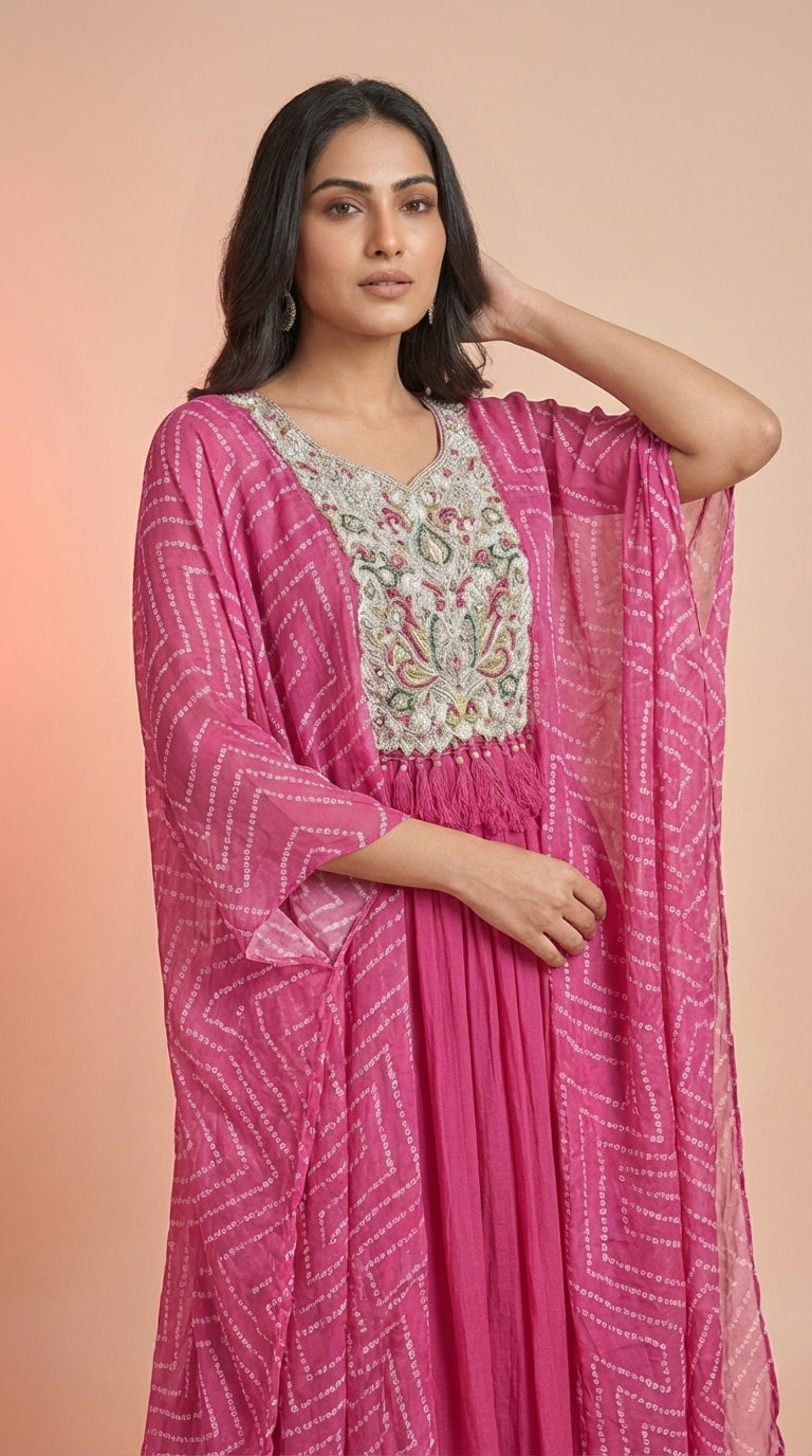 Radiant Pink Chinon Silk Embroidered Cape Gown