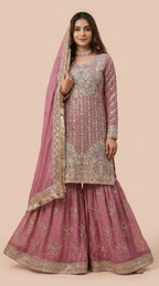 Deep Pink Chiffon Georgette Embroidered Sharara Suit Set