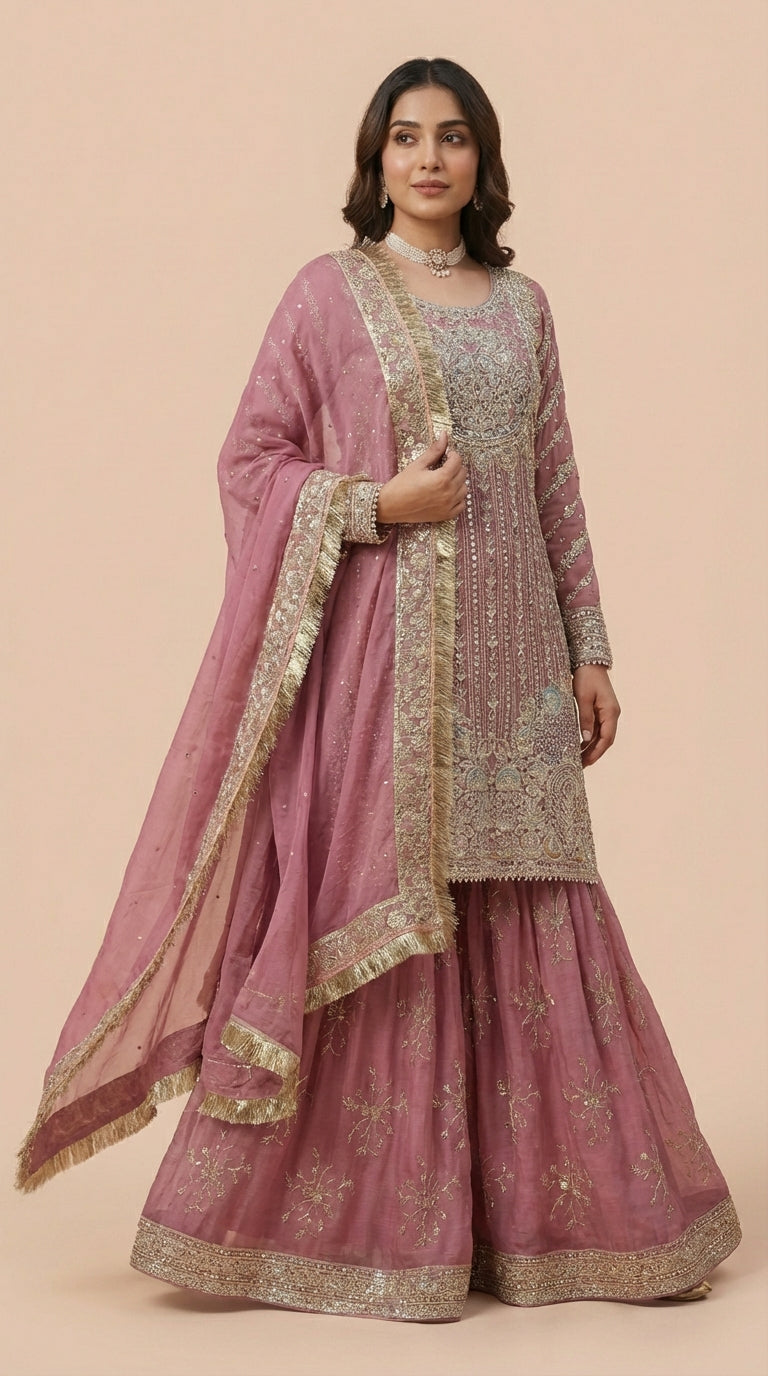 Deep Pink Chiffon Georgette Embroidered Sharara Suit Set